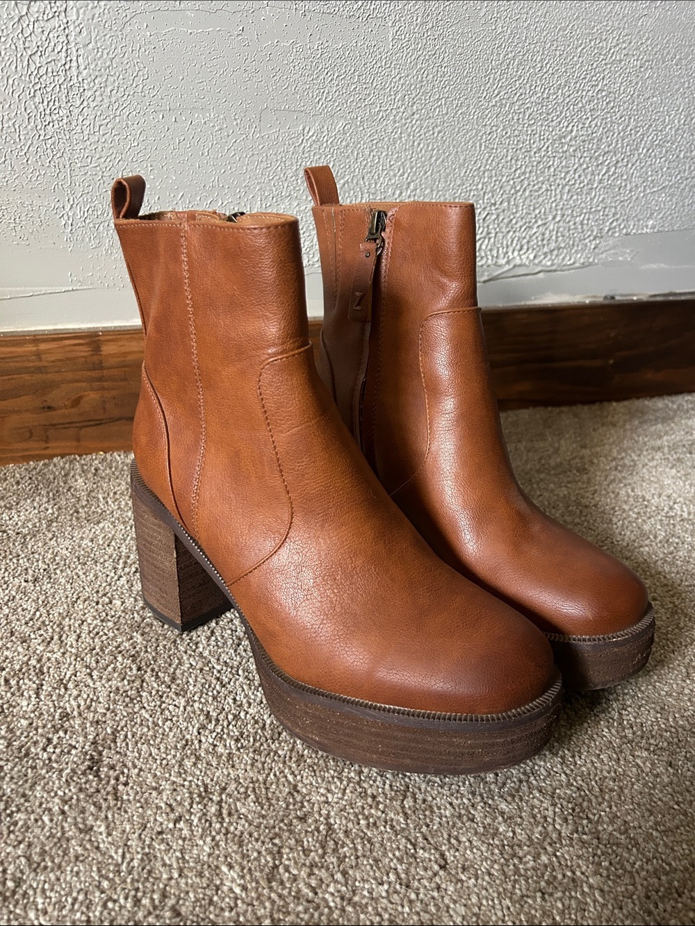 Zodiac Tan Leather Platform Block Heel Ankle Boots